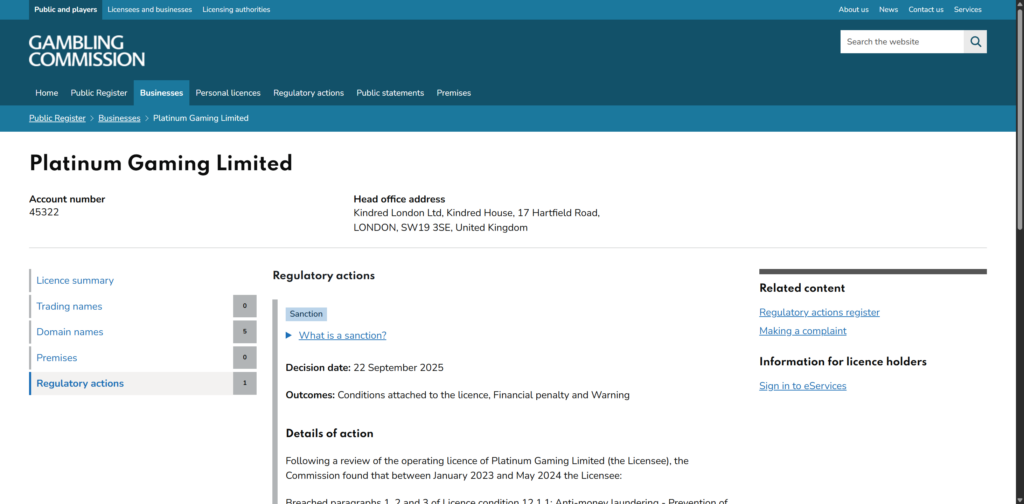 The Gambling Commission regulatory action page for Platinum Gaming Limited showing a sanction dated 22 September 2025 with outcomes of conditions attached to the licence, financial penalty and warning
