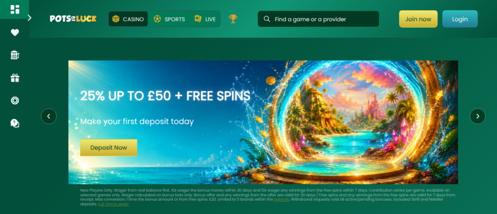 The Pots of Luck homepage on 18 September 2026 showing the 25 percent up to 50 pounds first deposit offer