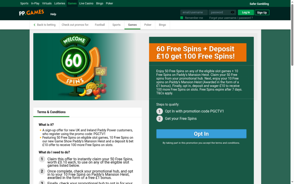 Paddy Power promotion terms for the 60 free spins offer stating there are no wagering requirements on free spins