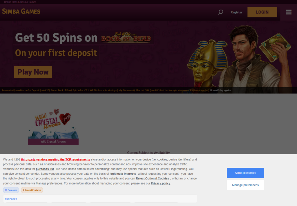 The Simba Games homepage as served to a UK visitor
