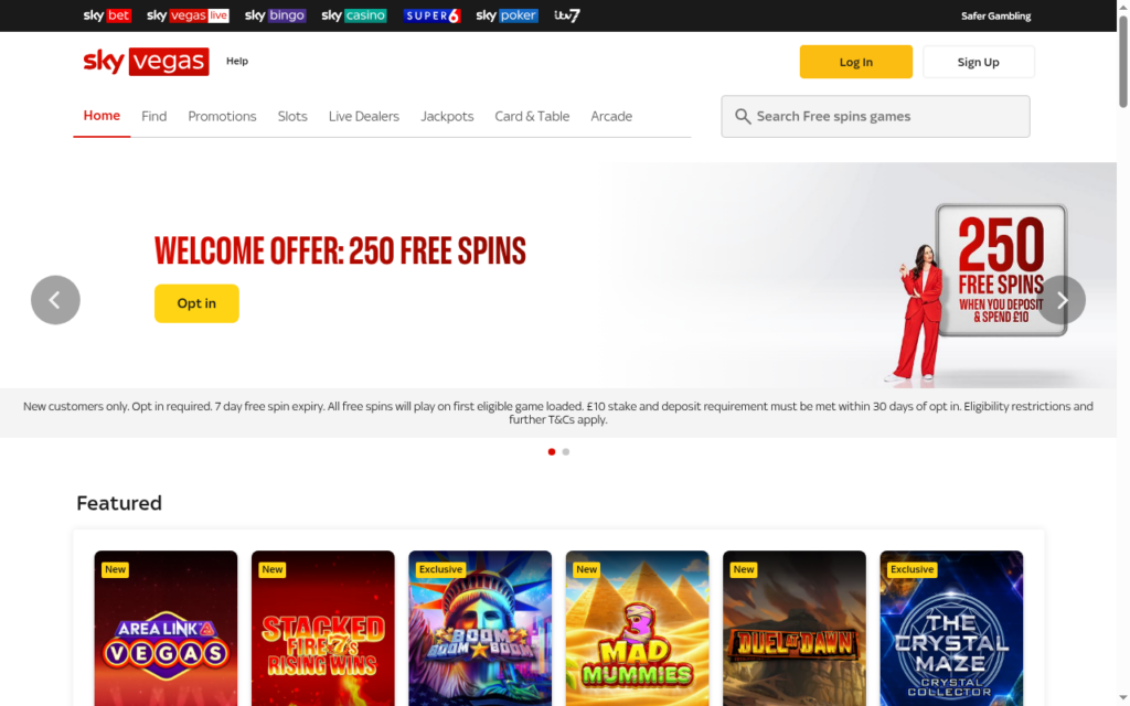 Sky Vegas homepage on 17 September 2026 with the 250 free spins welcome offer and the 10 pound stake and deposit condition beneath it