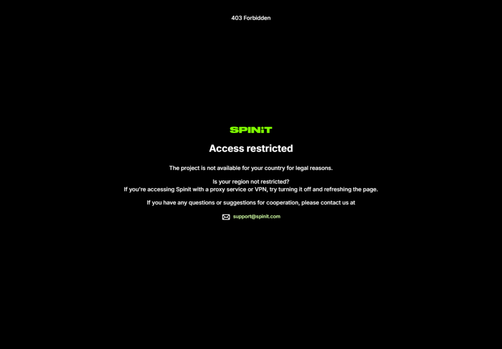 spinit.com on 7 September 2026 serving a 403 Access restricted page to a UK visitor