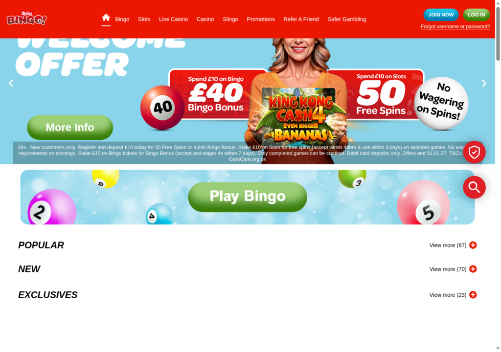 Sun Bingo homepage on 18 September 2026 with the 40 pound bingo bonus and 50 free spins welcome offer and the debit card deposits only condition