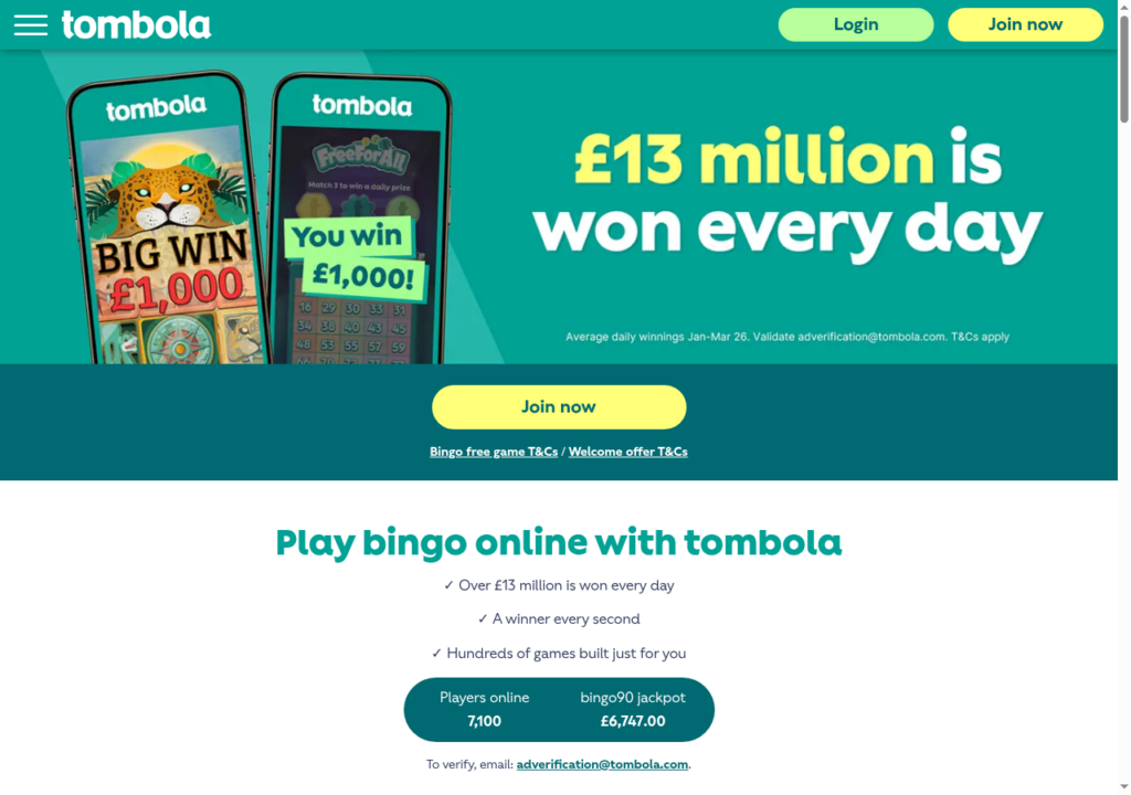 tombola homepage on 18 September 2026 stating 13 million pounds is won every day