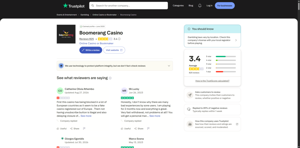 The Trustpilot page for boomerang-casino.com showing 3.4 from 825 reviews