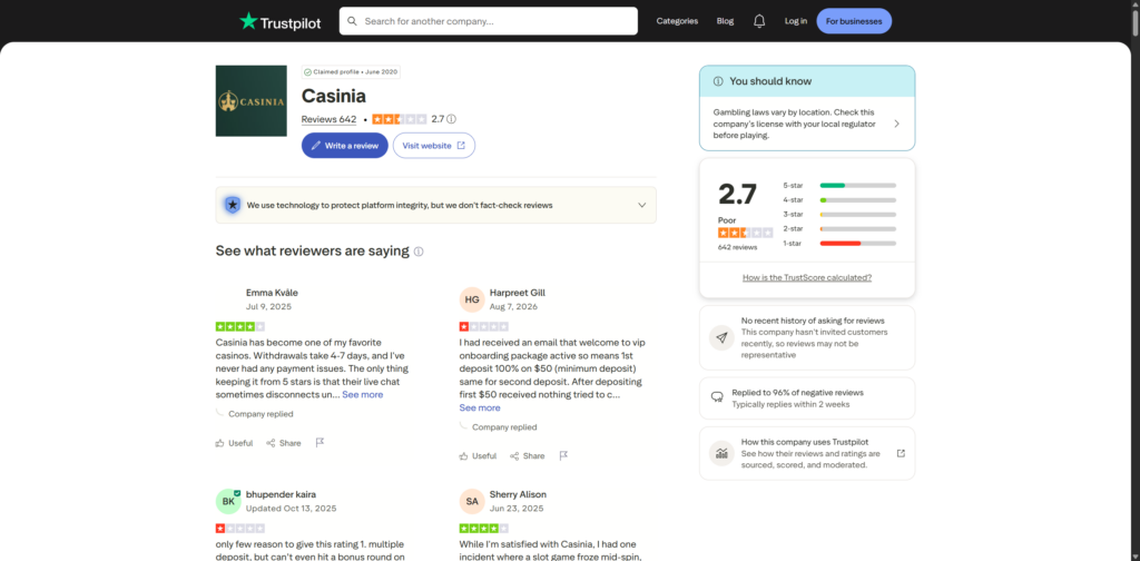 The Trustpilot profile for casinia.com