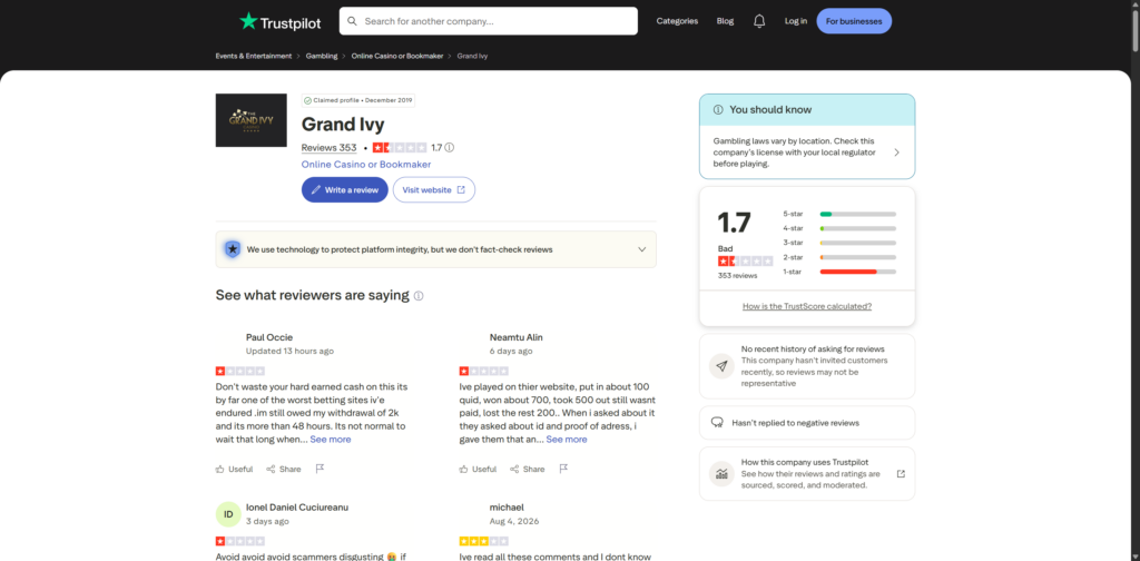 The Trustpilot page for grandivy.com showing 1.7 from 353 reviews