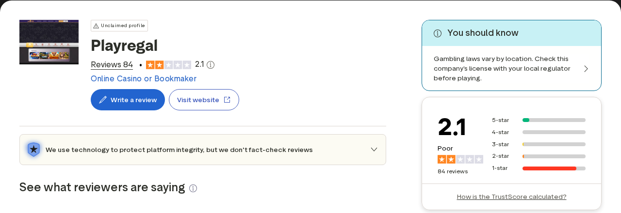 Trustpilot profile for Play Regal showing 2.1 from 84 reviews