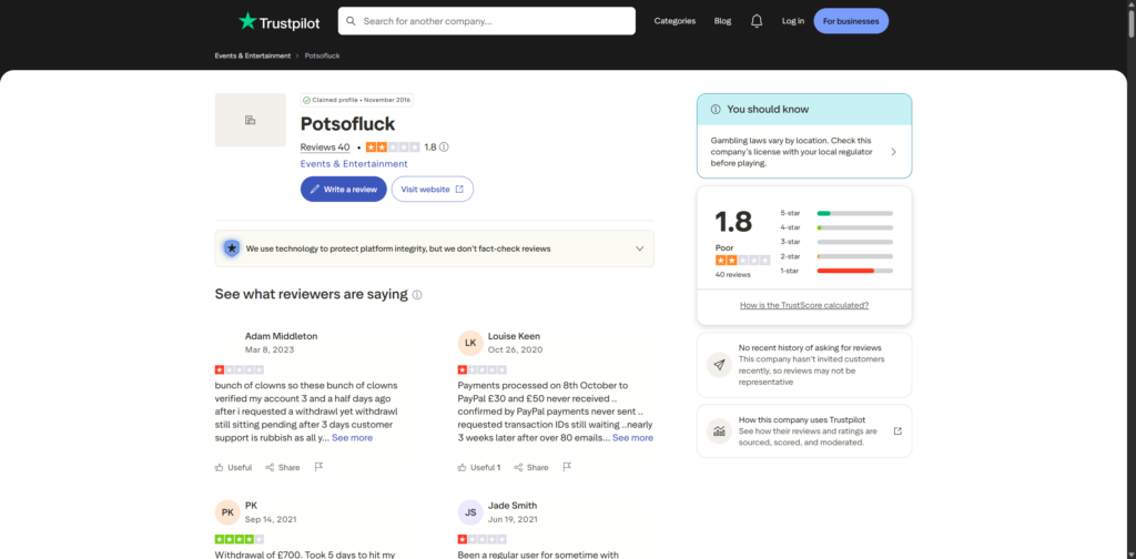 The Trustpilot page for potsofluck.com showing 1.8 from 40 reviews