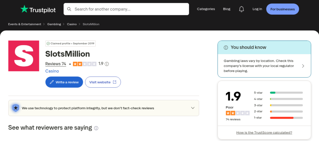 The Trustpilot page for SlotsMillion on 18 September 2026 showing a 1.9 score from 74 reviews and a profile claimed in September 2019