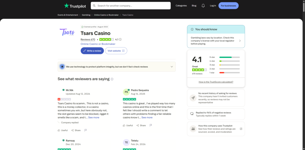 The Trustpilot profile for tsars.com