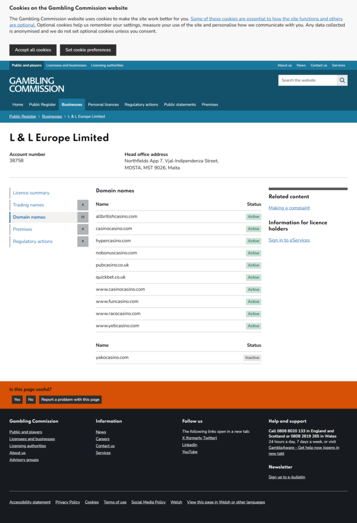 The Gambling Commission register domain list for L and L Europe Limited, account 38758, with www.yeticasino.com marked Active