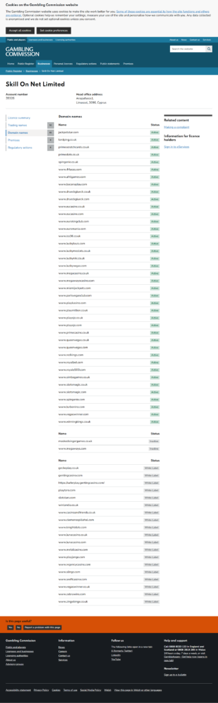 The Gambling Commission register domain list for account 39326 with www.simbagames.co.uk marked Active