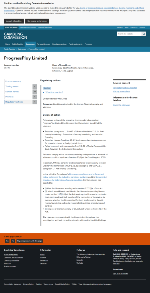 The Gambling Commission regulatory actions page for ProgressPlay Limited showing a sanction