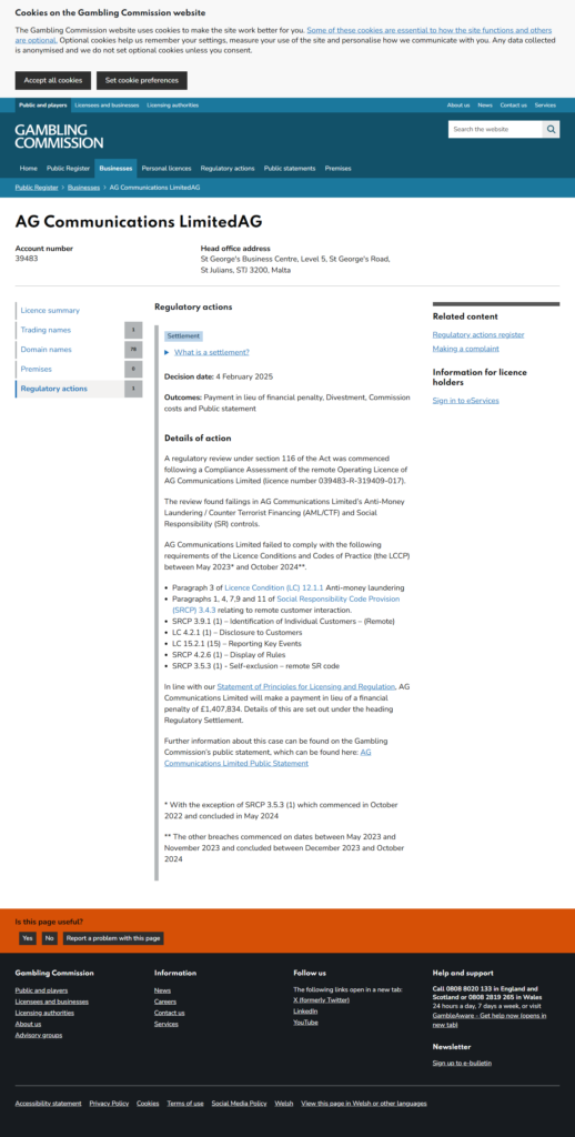 The Gambling Commission regulatory actions page for AG Communications Limited showing a settlement