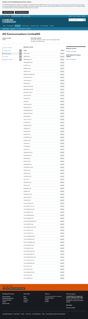 The Gambling Commission register domain list for AG Communications Limited, account 39483, with casinoluck.com marked Inactive