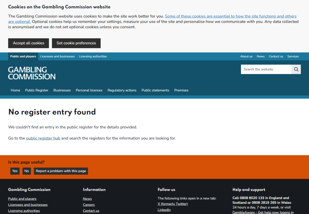 The Gambling Commission register response for account 45235