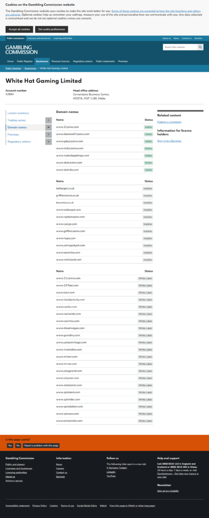The Gambling Commission register domain list for White Hat Gaming Limited, account 52894, with www.grandivy.com marked White Label