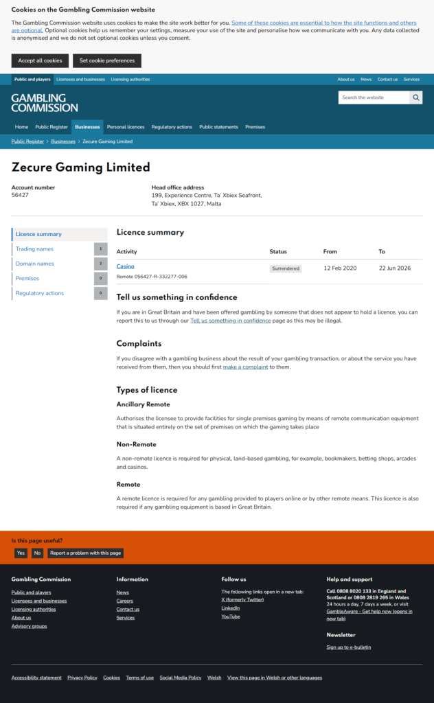 The Gambling Commission register entry for Zecure Gaming Limited, account 56427, showing the remote casino licence Surrendered from 12 February 2020 to 22 June 2026