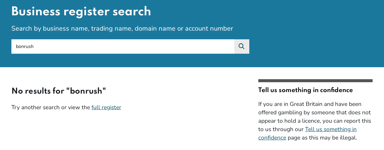 Gambling Commission business register search for bonrush returning no results