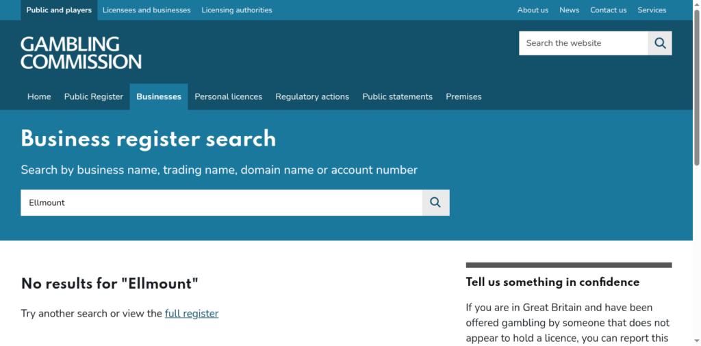 The Gambling Commission business register search returning No results for Ellmount on 17 September 2026