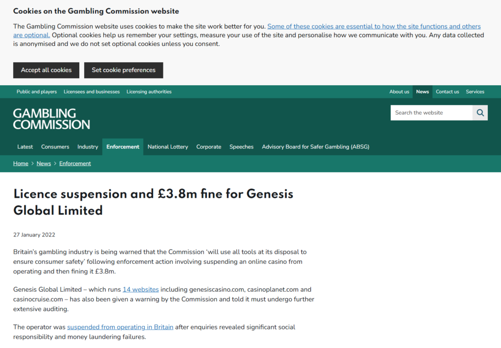 The Gambling Commission press release of 27 January 2022 on the Genesis Global Limited fine