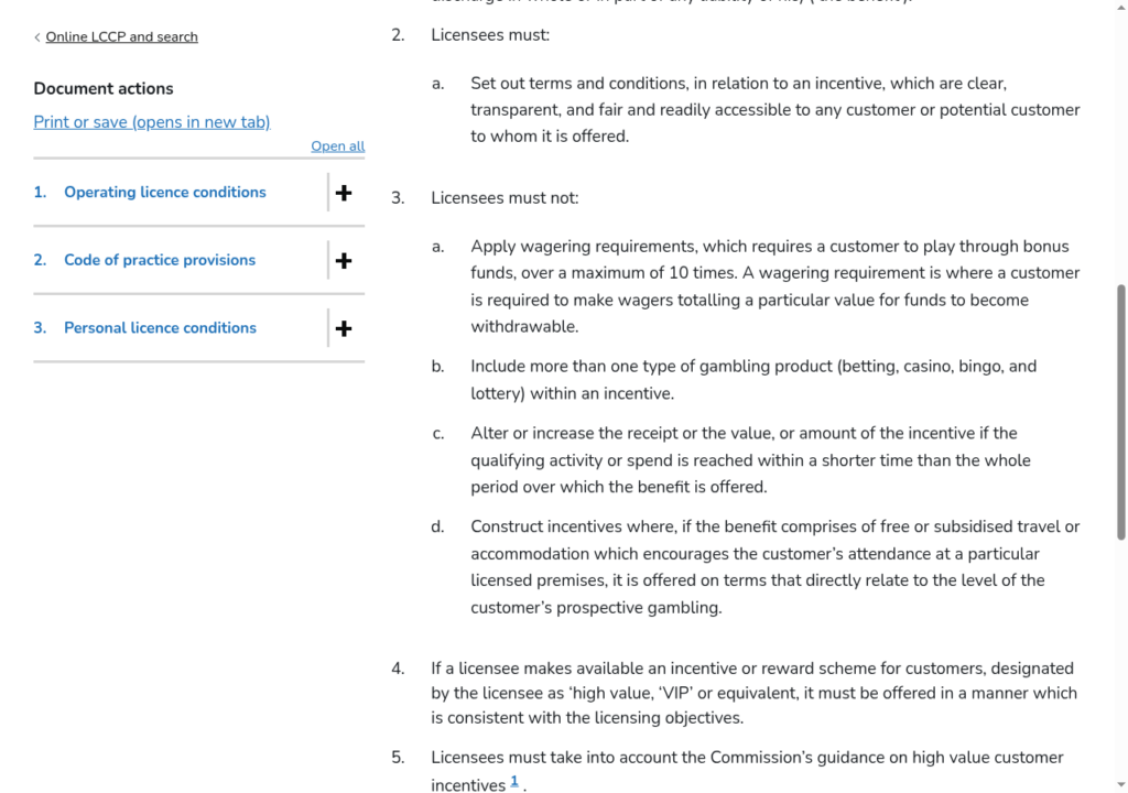 The Gambling Commission LCCP condition 5.1.1 page showing the rule that wagering requirements must not exceed a maximum of 10 times