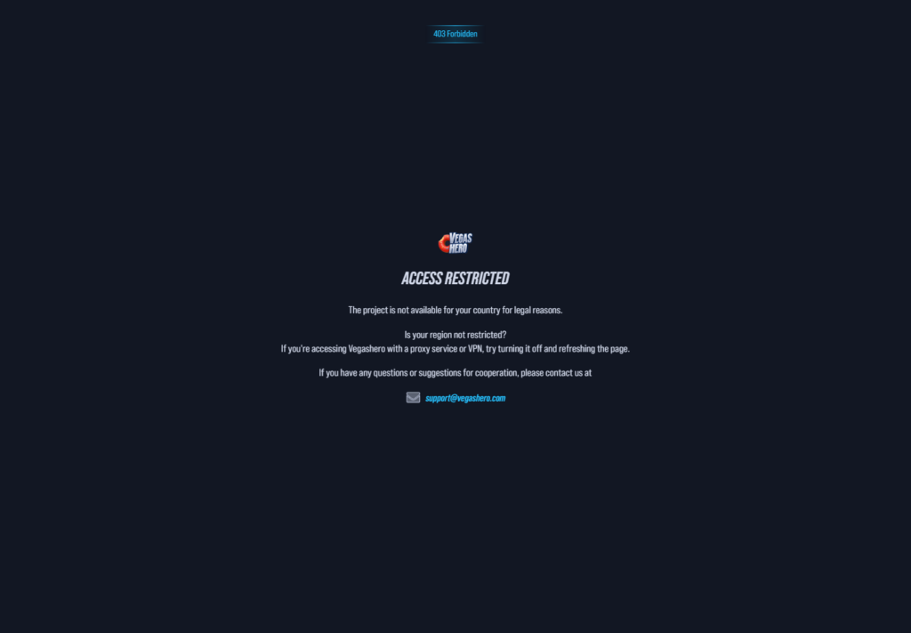 The vegashero.com block page as served to a UK visitor
