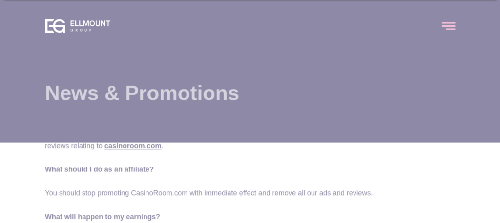 The archived Ellmount Gaming news page showing the Closure of CasinoRoom.com notice dated 6 April 2022