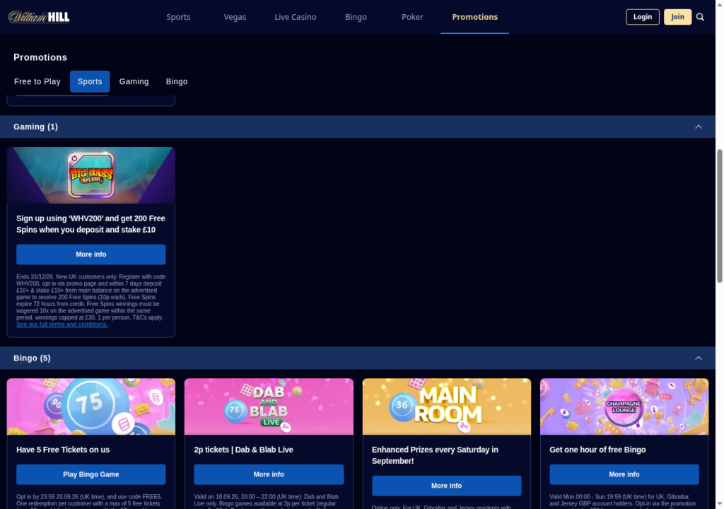William Hill Vegas promotions page on 18 September 2026 showing the WHV200 200 free spins offer with its 10x wagering and 30 pound cap