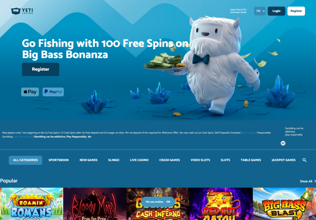 The Yeti Casino lobby as served to a UK visitor on 7 September 2026, headline 100 spins on Big Bass Bonanza