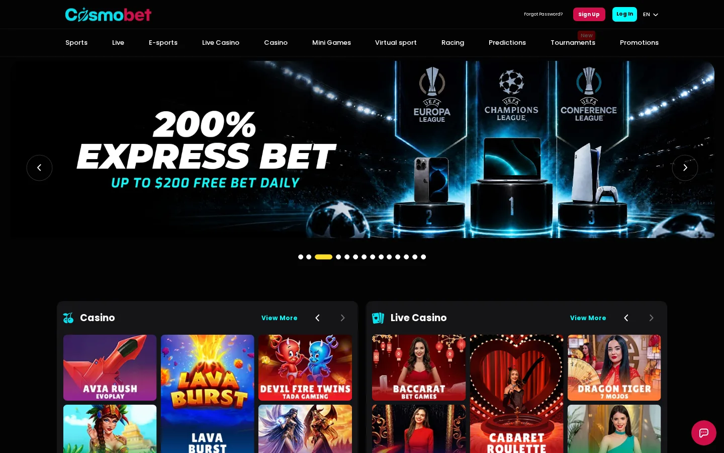 Cosmobet homepage on 2 October 2026 showing a 200% express bet banner and casino and live casino game rows
