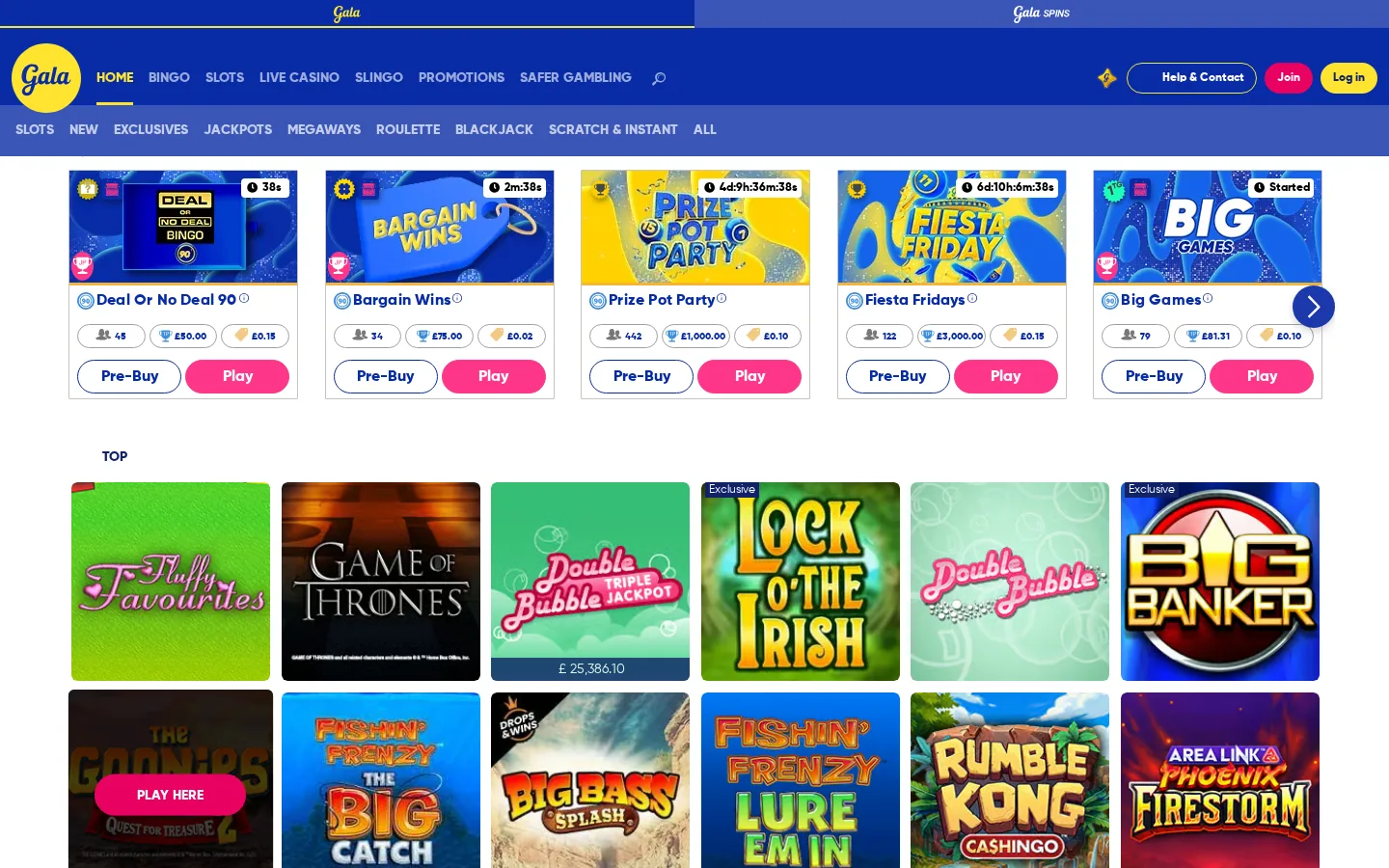 Gala Bingo lobby on 3 October 2026 with the Deal Or No Deal 90 room tile first in the bingo rooms row, next to Big Games and Bargain Wins