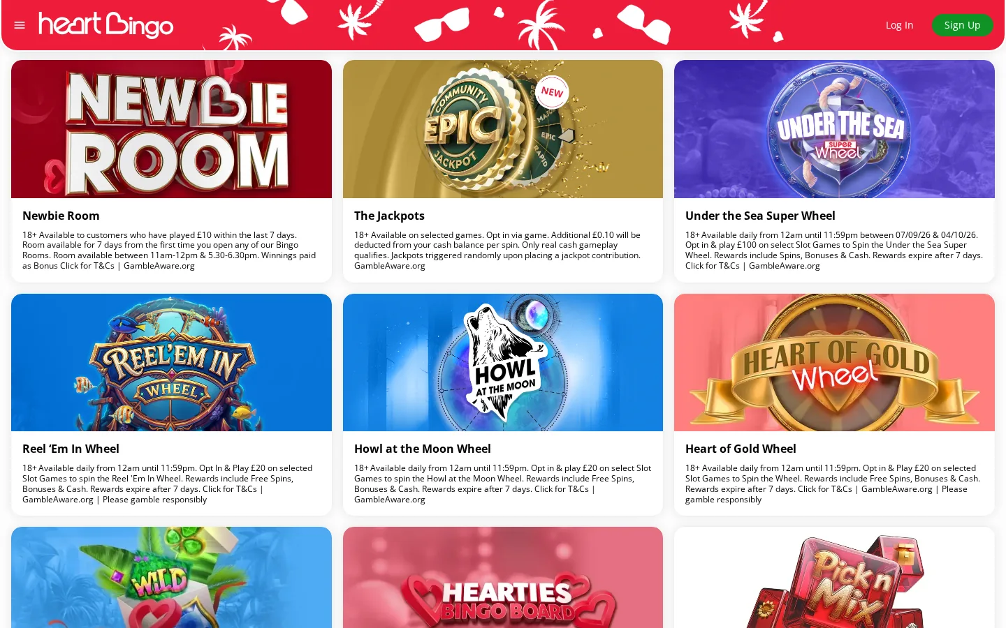 Heart Bingo offers page on 3 October 2026 showing tiles for Newbie Room, The Jackpots, Under the Sea Super Wheel, Reel Em In Wheel and other promotions
