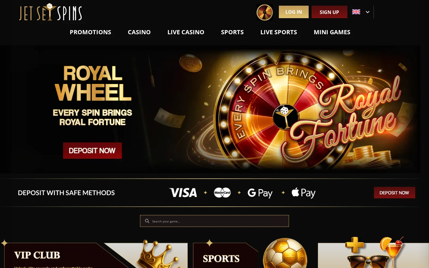 JetSetSpins homepage on 2 October 2026 showing the Royal Wheel promotion and a deposit with safe methods bar listing Visa, Mastercard, Google Pay and Apple Pay