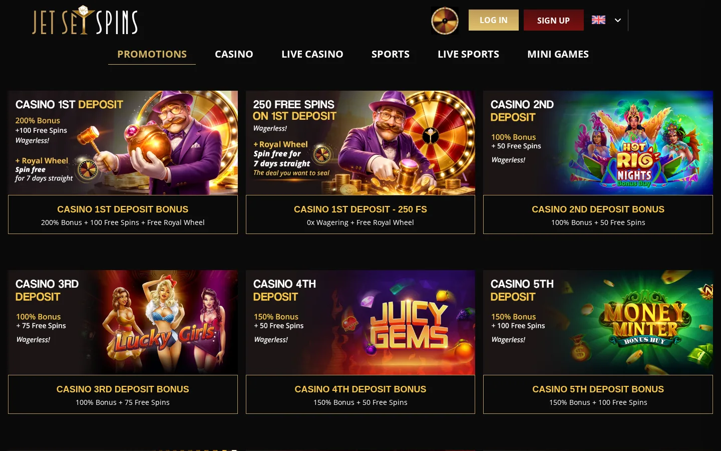 JetSetSpins promotions page on 2 October 2026 listing the casino first deposit bonus, the 250 free spins offer and the second to fifth deposit bonuses