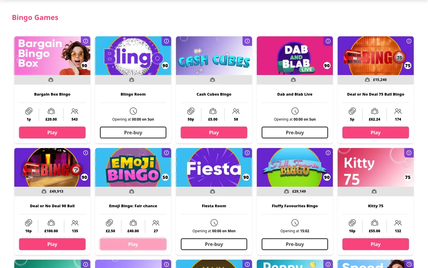 Kitty Bingo lobby on 3 October 2026 showing Deal or No Deal 75 Ball Bingo and Deal or No Deal 90 Ball room tiles next to Emoji Bingo and Fluffy Favourites
