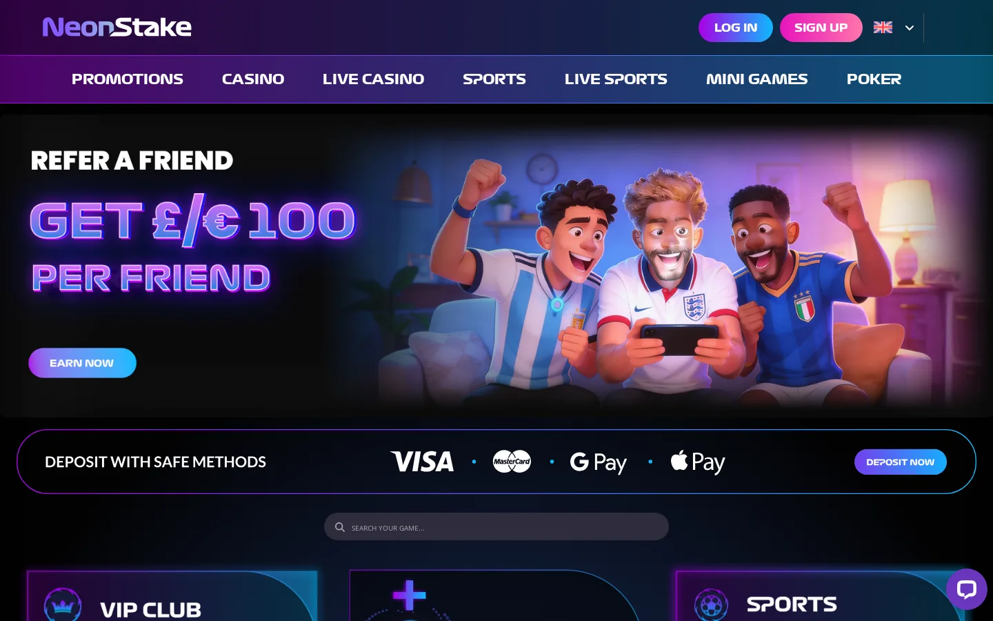 NeonStake homepage on 2 October 2026 with its purple neon header, a VIP banner and the Top Games and Jet Set Games rows
