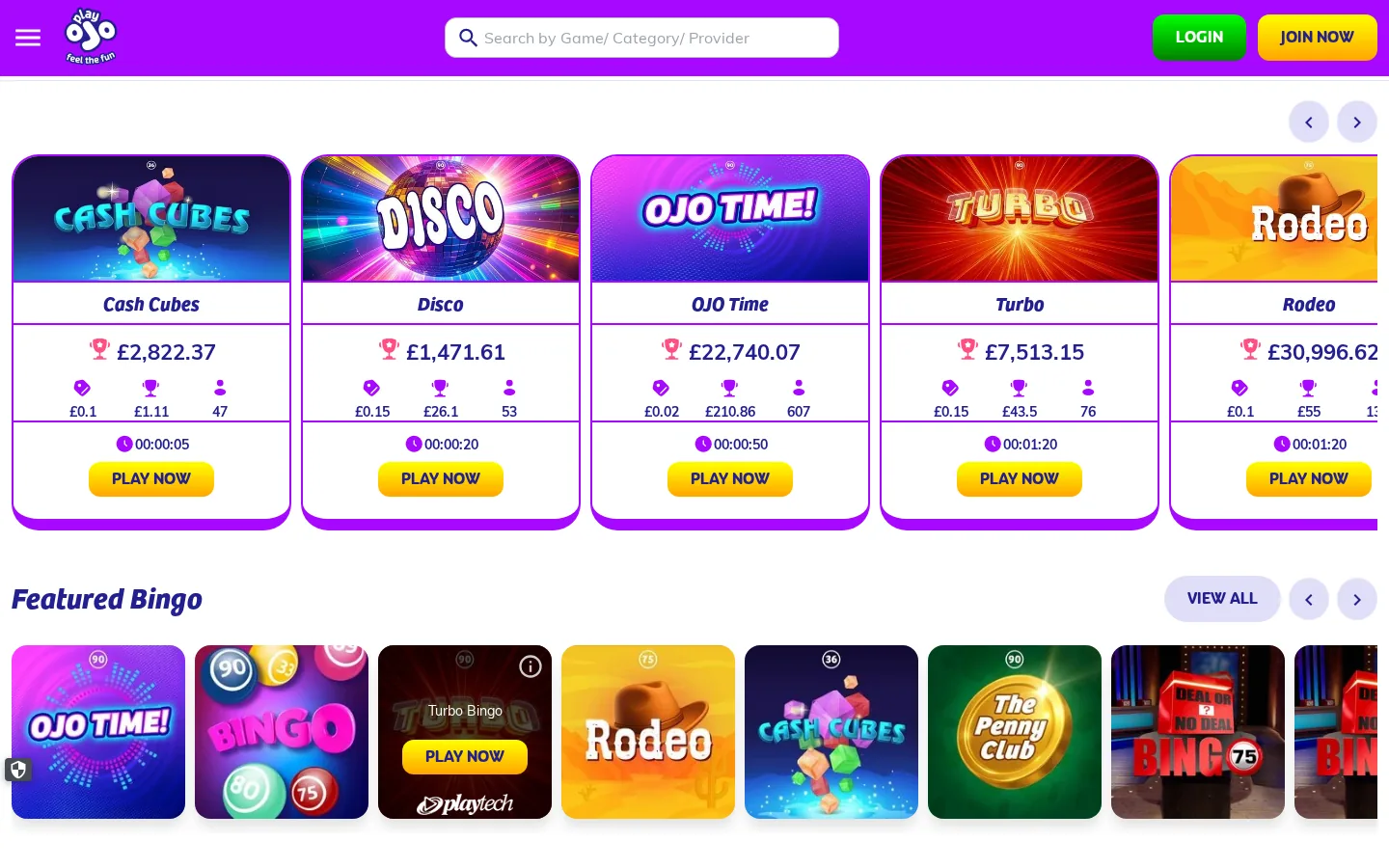 PlayOJO bingo lobby on 3 October 2026 showing room tiles including Cash Cubes, Disco and OJO Time with prices and players