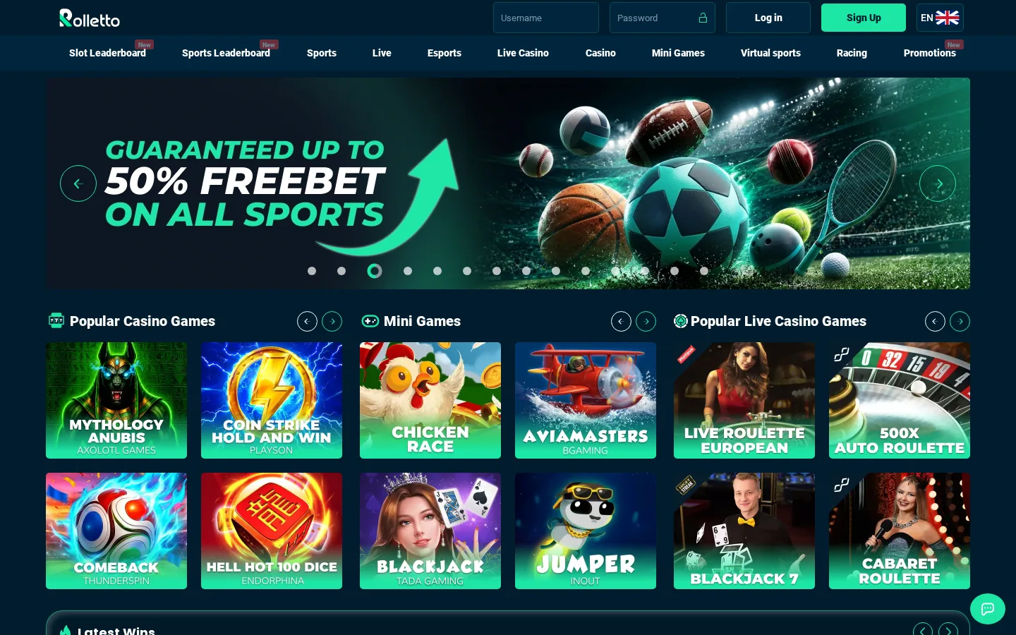 Rolletto homepage on 2 October 2026 showing a guaranteed up to 50% freebet on all sports banner and rows of popular casino and live casino games