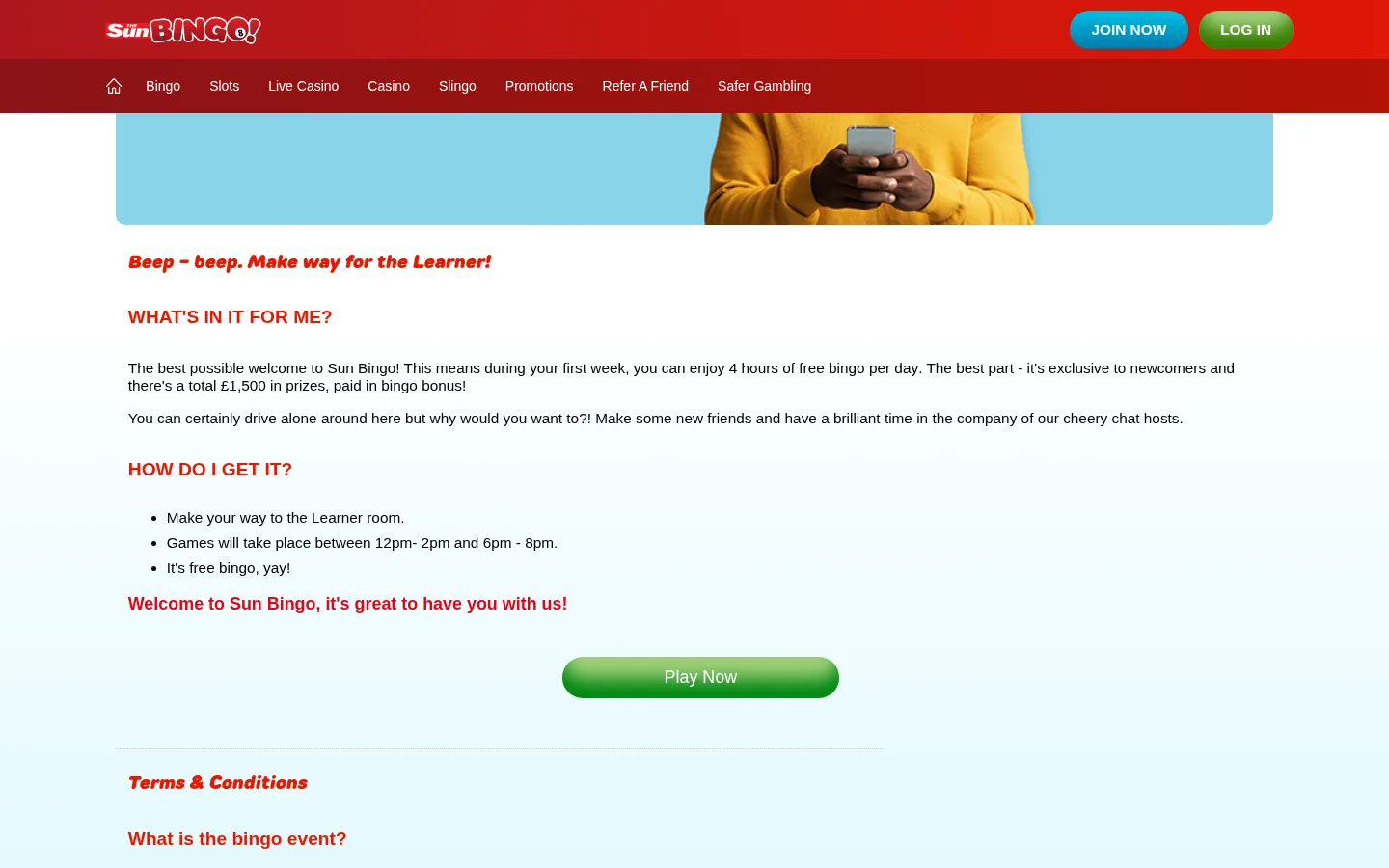 Sun Bingo Learner room promotion page on 3 October 2026 reading that new players get 4 hours of free bingo per day in their first week with a total of 1,500 pounds in prizes paid in bingo bonus