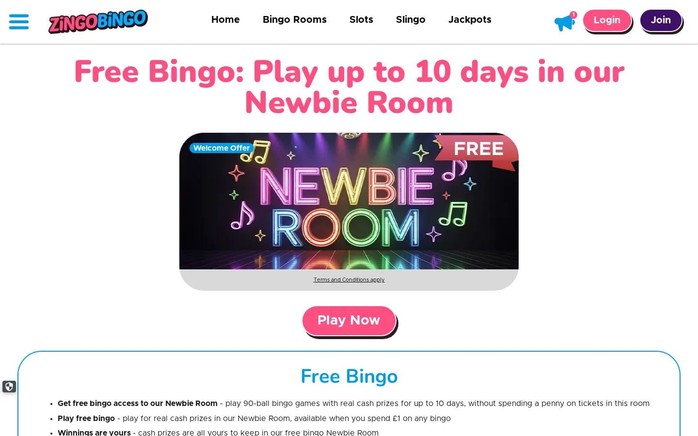 Zingo Bingo promotion page on 3 October 2026 headed Free Bingo: Play up to 10 days in our Newbie Room with a neon Newbie Room graphic